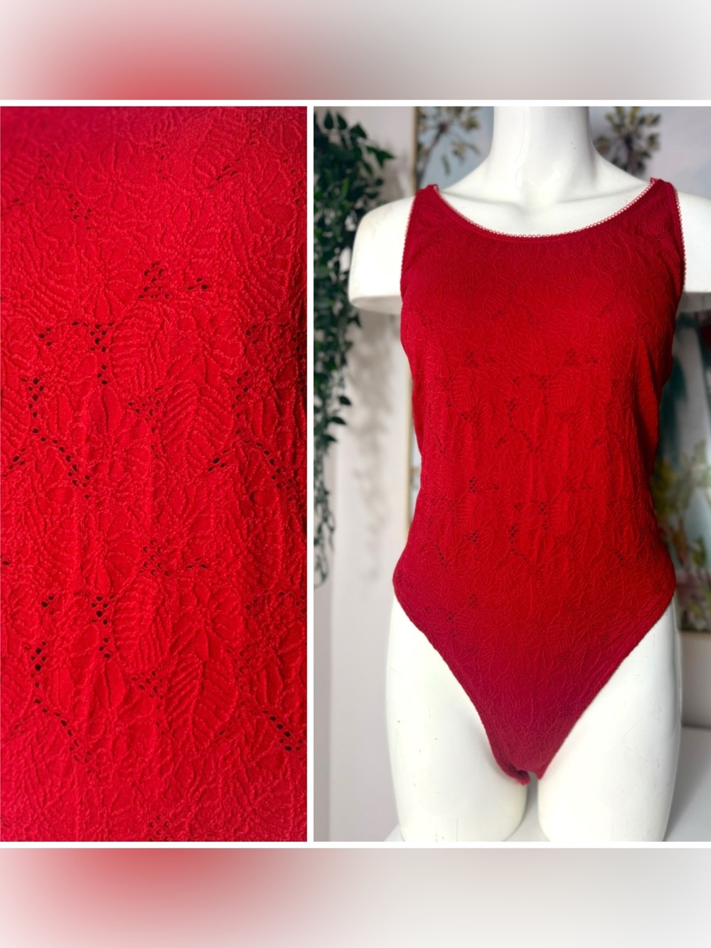 Fabletics Cherry Red Lace Strappy Back Thong Bodysuit Stretch XL Floral Leaf
